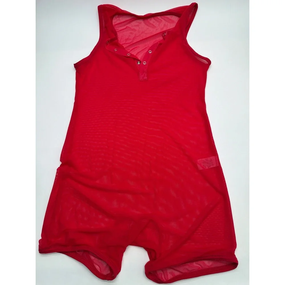Mens Red Mesh Sleeveless Bodysuit Snap Front Henley Sheer One Piece Medium USA
